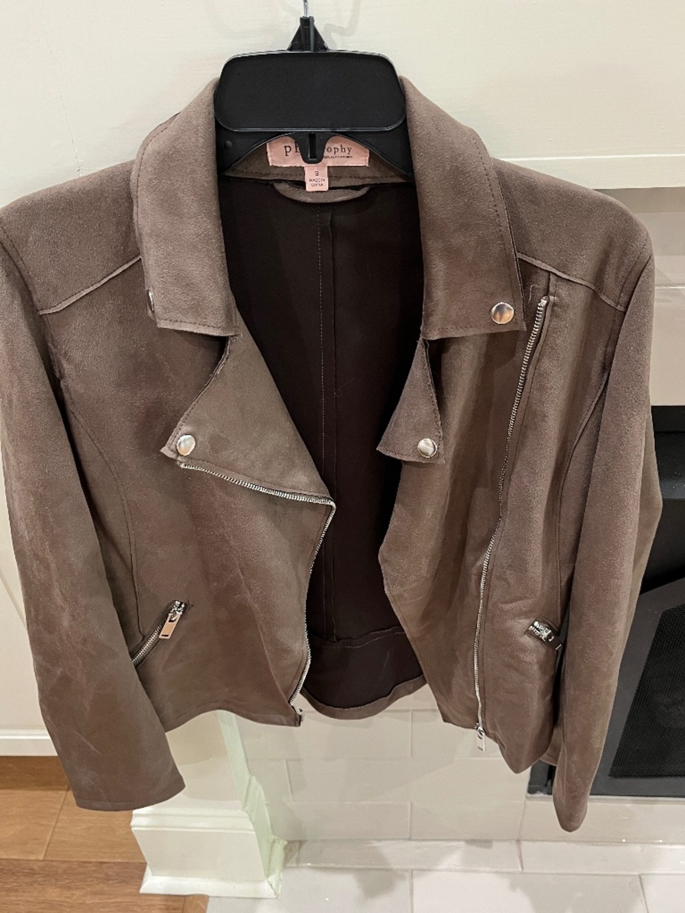 Philosophy faux suede brown bomber jacket size small